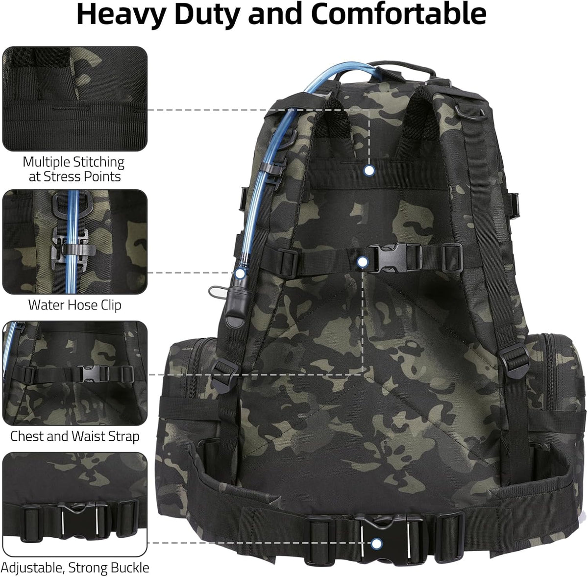 60L Tactical Backpack for Men, Large Military Backpack Army Assault Pack with D-Ring Molle Clips Compass Accessories, Bug Out Bag for Hiking Camping Hunting Detachable Rucksack, Black Camo