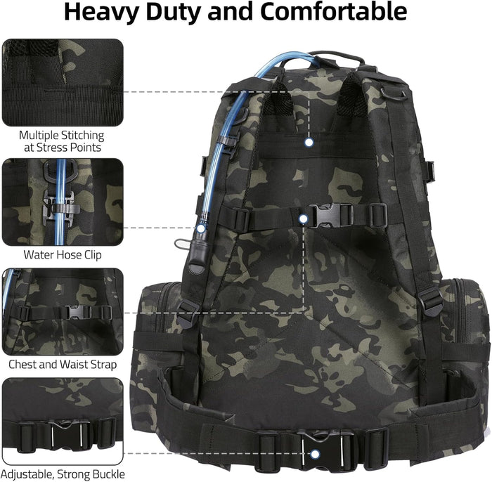 60L Tactical Backpack for Men, Large Military Backpack Army Assault Pack with D-Ring Molle Clips Compass Accessories, Bug Out Bag for Hiking Camping Hunting Detachable Rucksack, Black Camo