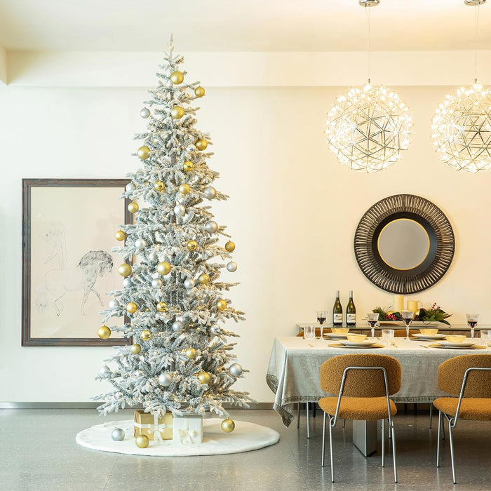 Glitzhome 7.5ft Pre-Lit Flocked Artificial Christmas Tree, Portland Snowy Pine Pencil Christmas Tree with 300 LED Lights, 9 Functional Warm White/Multi-Color, Remote Controller