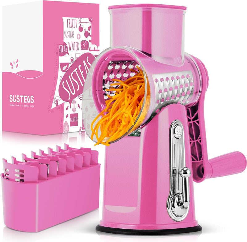 SUSTEAS Rotary Cheese Grater with Handle - Vegetable Shredder with 5 Well-designed Blades & Strong Suction Base,Round Mandoline Slicer & Food Chopper for Kitchen,with Blade Storage Box(Retro Green)