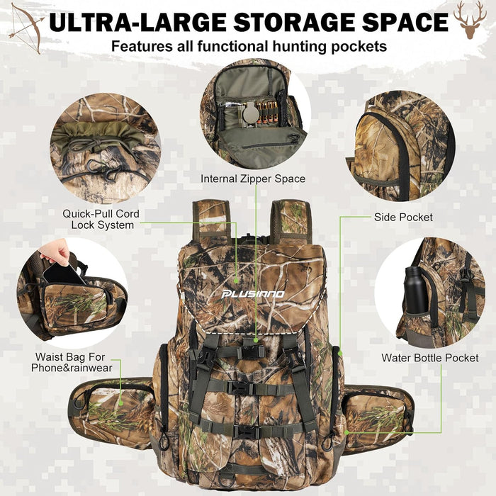 PLUSINNO Hunting Backpack for Hunting Essentials, 45L Waterproof Hunting Gear with Rain Cover, & Padded Scabbard Carry System For Deer Hunt Accessories, Hunt Gift For Men