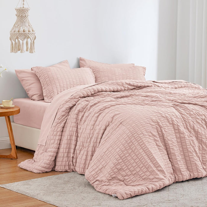 Love's cabin Seersucker Terracotta King Size Comforter Set 7 Pieces, All Season Bedding Set, King Bed in a Bag Comforter Set with Comforter, Flat Sheet, Fitted Sheet, Pillowcase and Pillow Sham