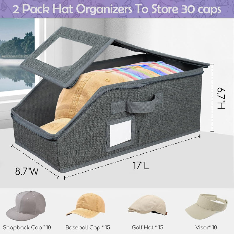 Hat Organizer for Baseball Caps 2P,Hat Storage Box for Closet Wardrobe,Stackable Cap Holder Case with Clear Lid,Men Women Household Essentials