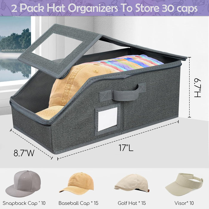 Hat Organizer for Baseball Caps 2P,Hat Storage Box for Closet Wardrobe,Stackable Cap Holder Case with Clear Lid,Men Women Household Essentials