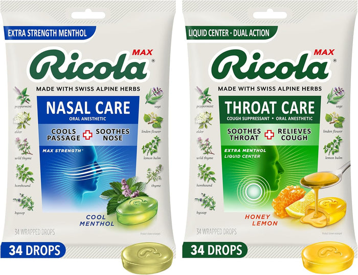 Ricola Max Cool Menthol Nasal Care Large Bag | Cough Suppressant Drops | Dual Action Liquid Center | Soothing Long-Lasting Relief - 34 Count (Pack of 1)