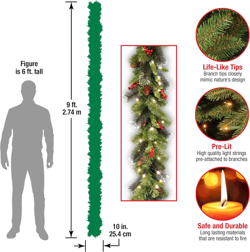 National Tree Company Pre-Lit Artificial Christmas Garland, Green, Crestwood Spruce, White Lights, Decorated with Glitter, Pinecones, Berry Clusters, Battery Operated, Christmas Collection, 9 Feet