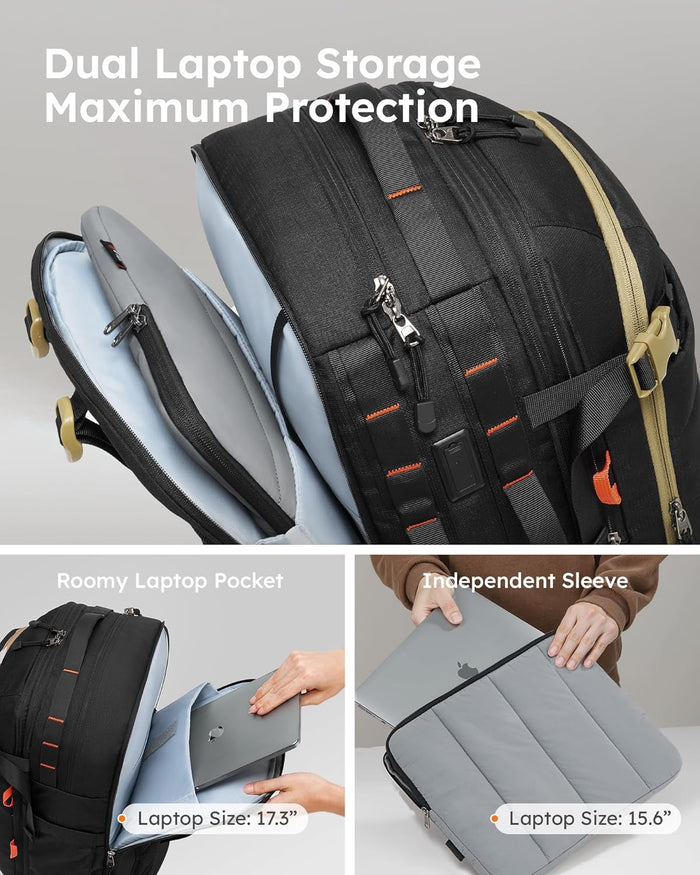 Tolaccea Carry on Travel Backpack, TSA Friendly Flight Approved Laptop Backpack Duffle Bag for Men Women with Dual Laptop Storage for 17.3", USB Charging Port, Business Rucksack 40L-50L Expandable