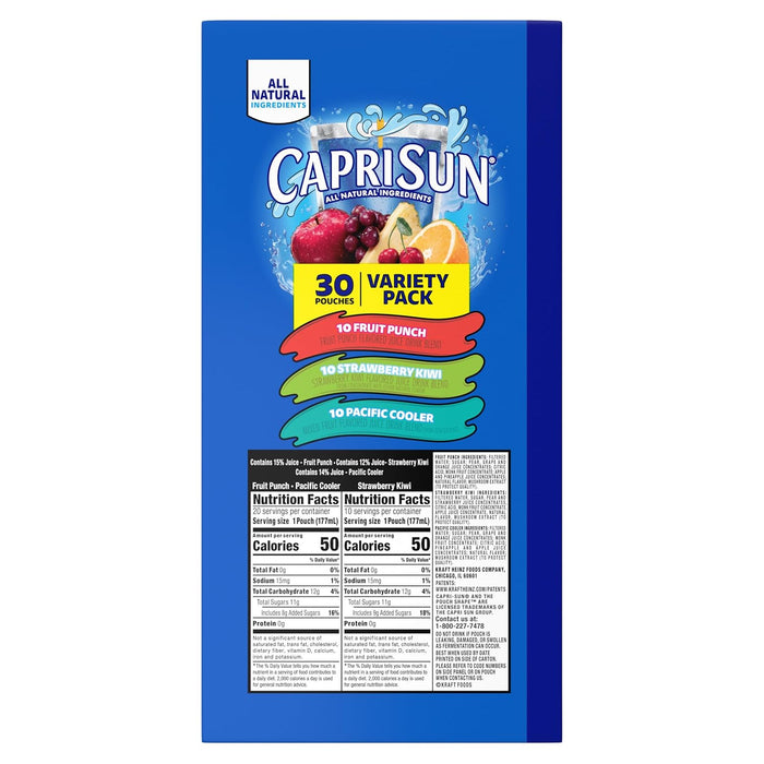 Capri Sun Fruit Punch, Strawberry Kiwi and Pacific Cooler Flavored Juice Drink Blend Variety Pack, 30 ct Box, 6 fl oz Pouches