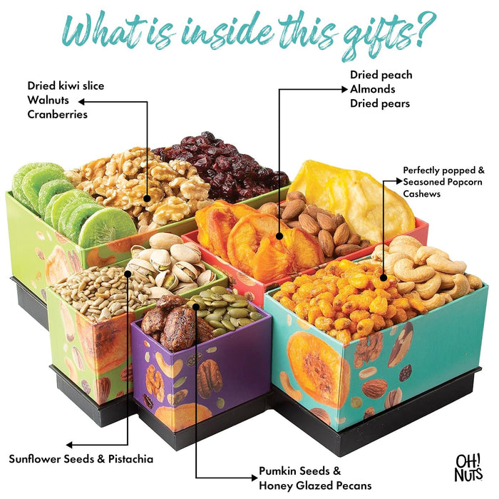 Oh! Nuts 5 Tier Gift Tower - 12 Assorted Dried Fruits and Nuts Gift Basket - Gourmet Healthy Snack Boxes for Holiday, Birthday, Thank You, Corporate Gifting, Parties & Family Celebrations