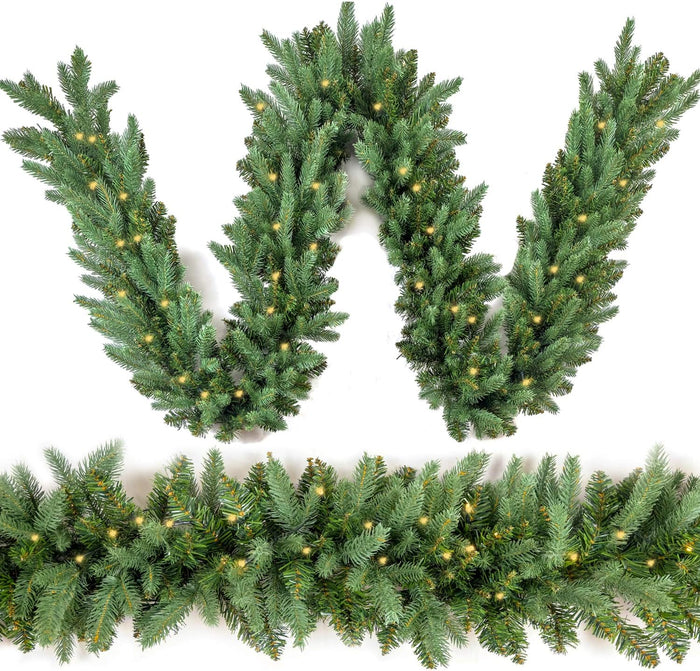 Christmas Garland 9ft with 50 Led, 320 Tips Prelit Fraser Fir Xmas Garland with 50 LED Lights, Lush and Classics Green Style for Indoor Outdoor Home Decoration