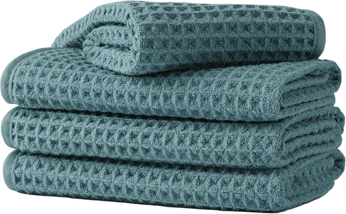 Microfiber Waffle Face Towels, 4 Pieces, Soft, Absorbent, Fast Drying, Lint Free (Turquoise)