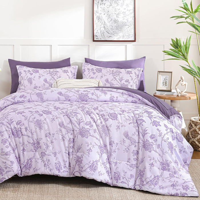 Luxudecor Floral Queen Comforter Set 7 Pieces Bed in a Bag, Sage Green Flower with Bird Bedding Set, Soft Reversible Comforter with Sheet Set 90"x90"