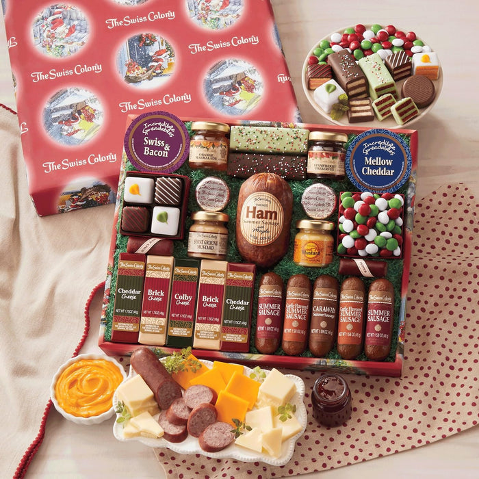 The Swiss Colony 25 Holiday Favorites - Sausage Meats, Cheese Blocks, and Spreadables, Sweet and Savory Treats & Christmas Petits Fours - Chocolate & Swiss Creme Gourmet Mini Layer Cakes Pack of 24
