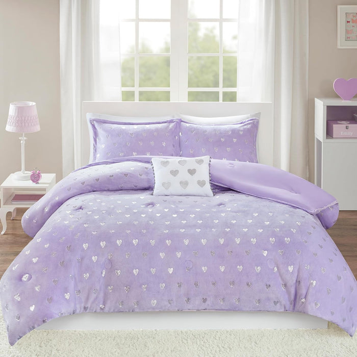 Intelligent Design Queen Comforter Set, 4 Piece Metallic Hearts Bedroom Set for Girls, Queen Bed Set Soft Plush Comforter, Rosalie All Season Fluffy Bedding Set, Full/Queen, Pink Multi/Gold 4 Piece