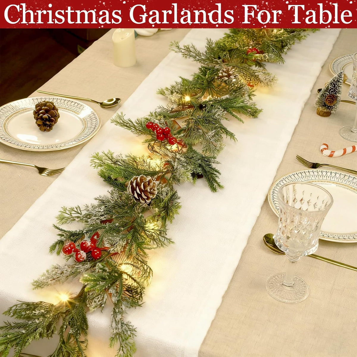 6FT Flocked Cedar Garland with Lights Timer, Pre-lit Christmas Garland Pinecones & Red Berries Warm White Lights, Lighted Cypress Garlands Battery Operated Christmas Decor Mantel Table Indoor Outdoor