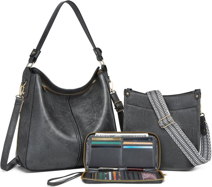 Purses for Women 3PCS, Crossbody Bags Set Large Leather Purse Shoulder Handbags with Wallet Adjustable Straps for Ladies Tote