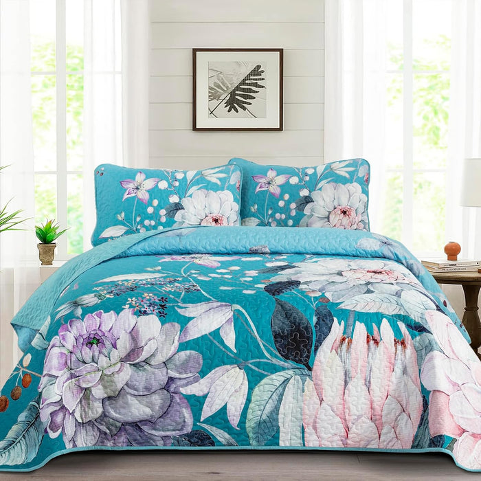 Floral Quilt Set King 3 Pieces Grey Floral Quilt Coverlet Set Soft Microfiber Lightweight White Quilted Bedspread for All Season 104"x90"
