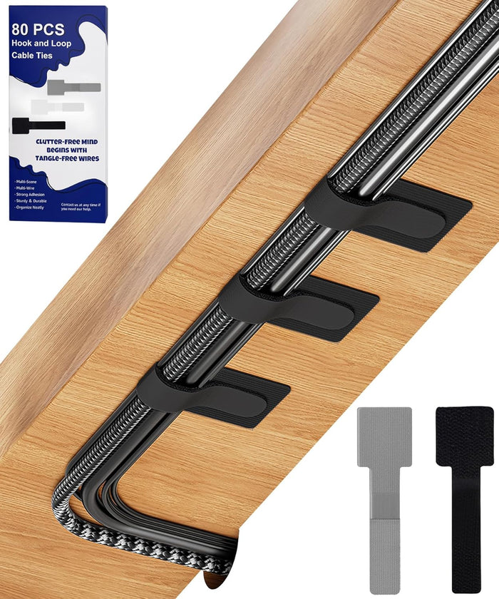 80PCS Hook and Loop Cable Ties, Hook and Loop Cable Straps, Under Desk Cable Management, Adhesive Cable Clips, Sticky-Back Cord Organizer for Desk, Household & Office Organization (White+Gray)