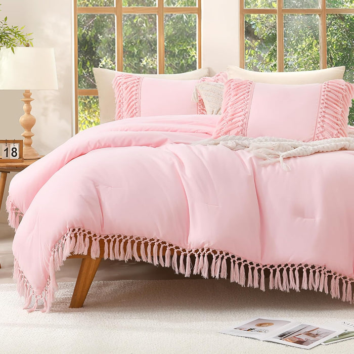 Andency Comforter Queen Size Set Beige, 3 Pieces Tassel Boho Lightweight Winter Bedding Comforters & Sets, All Season Bed Set (90x90In Comforter & 2 Pillowcases)