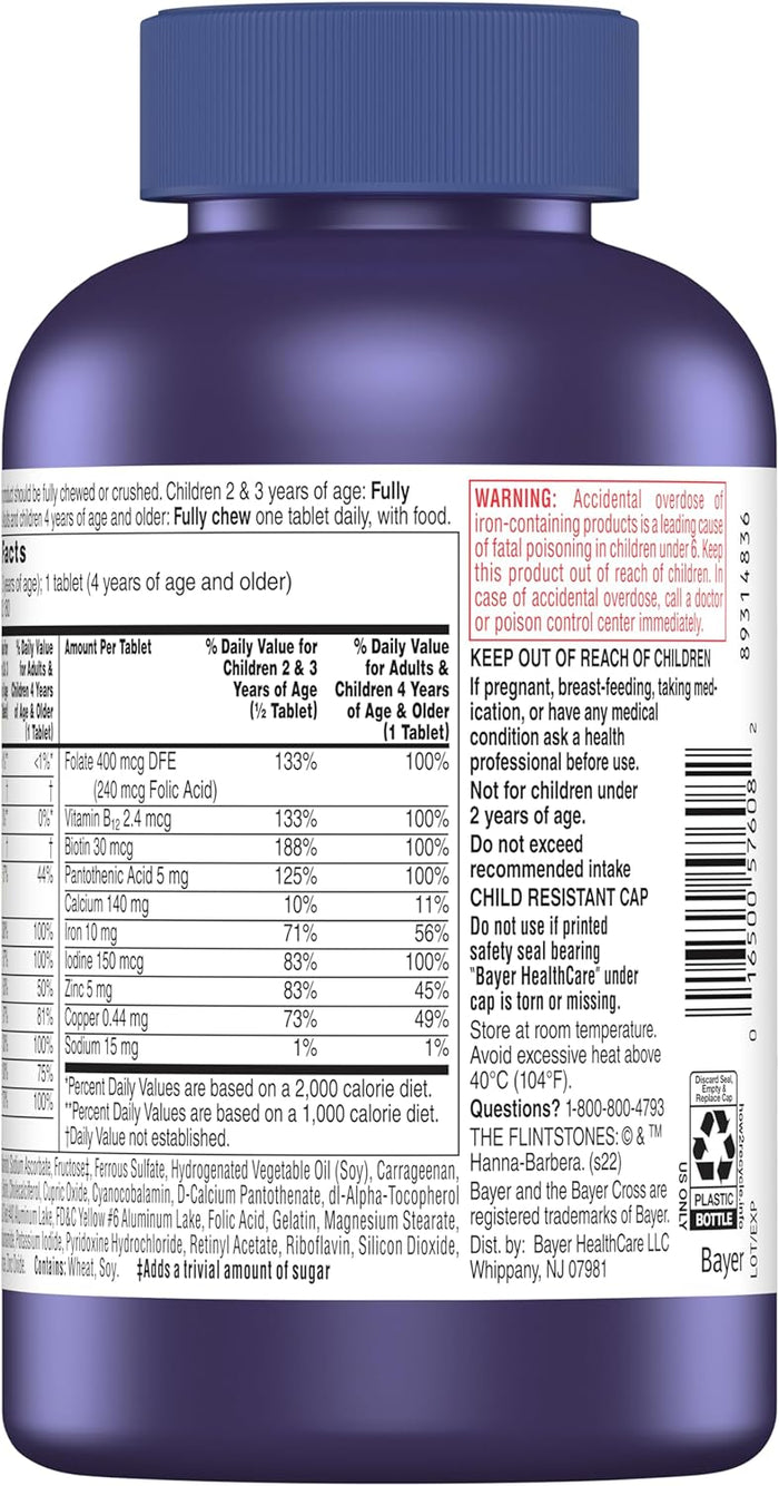 Flintstones Chewable Kids Vitamins, Complete Multivitamin for Kids and Toddlers with Iron, Calcium, Vitamin C, Vitamin D & More, 180ct