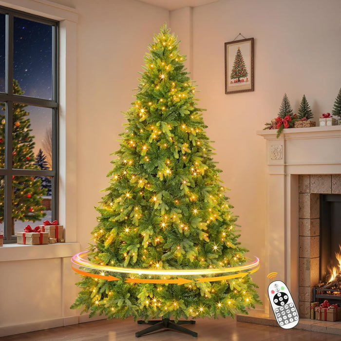 9FT Pre-Lit Rotating Artificial Christmas Tree, Deluxe Green PE & PVC Xmas Tree with Remote, Multicolor Musical LED Lights Strip with Flash Modes, Holiday Home Decor