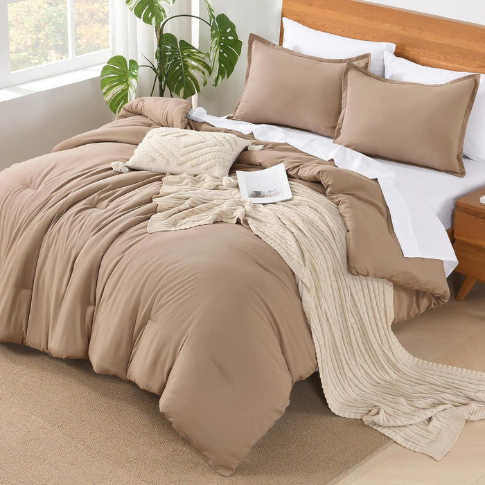Andency King Size Comforter Set - 7 Pieces Bed in a Bag King Bedding Comforter Sets Oatmeal, Winter Solid Soft Lightweight Comforter with Fitted Sheets, Flat Sheets, Pillowcases & Shams