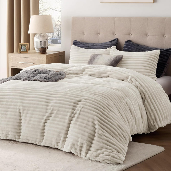 Bedsure Fluffy Duvet Cover Set - Ultra Soft Plush Shaggy Comforter Cover Queen Size, Warm Flannel Fleece Bed Sets for Winter, 3 Pieces (Striped Pattern, Coconut White)