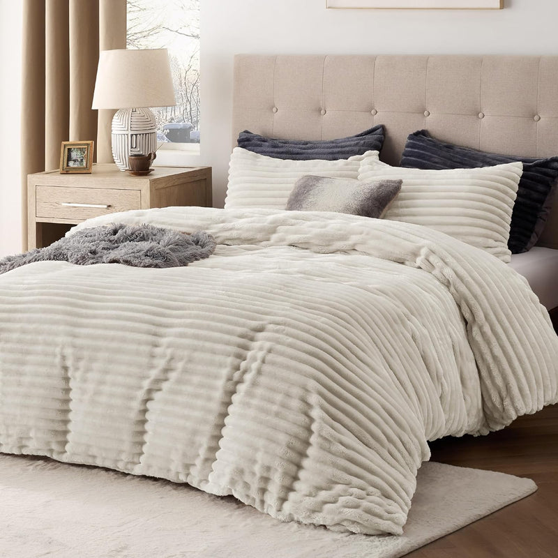 Bedsure Fluffy Duvet Cover Set - Ultra Soft Plush Shaggy Comforter Cover Queen Size, Warm Flannel Fleece Bed Sets for Winter, 3 Pieces (Striped Pattern, Coconut White)