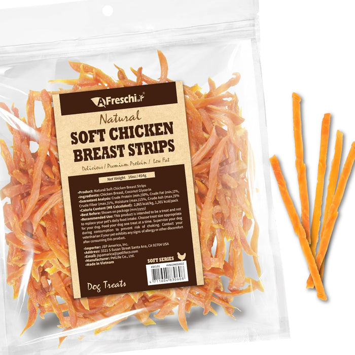 Afreschi Natural Soft Chicken Breast Strips 16 oz, Dog Treats, All Natural, Hypoallergenic & Grain-Free, High-Protein, Healthy & Easily Digestible, Soft Texture