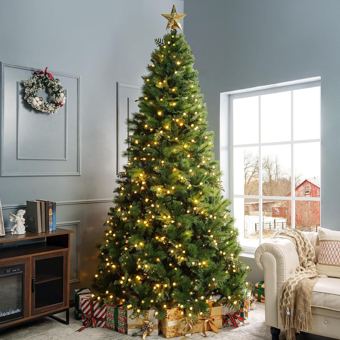 Camden 7.5ft Prelit Artificial Christmas Tree with Foot Pedal, 2755 Branch Tips, 600 Warm Lights and Metal Stand, 58" Wide Realistic Hinged Christmas Tree with Lights by Naomi Home