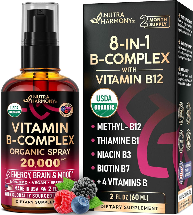 USDA Organic Vitamin B-Complex B5 Pantothenic Acid | B12 Methylcobalamin | B1 Thiamine | B6 Pyridoxine | B7 Biotin | B9 Folic | B3 Niacinamide - B Complex Liquid Drops, Made in USA Supplement, 2fl oz