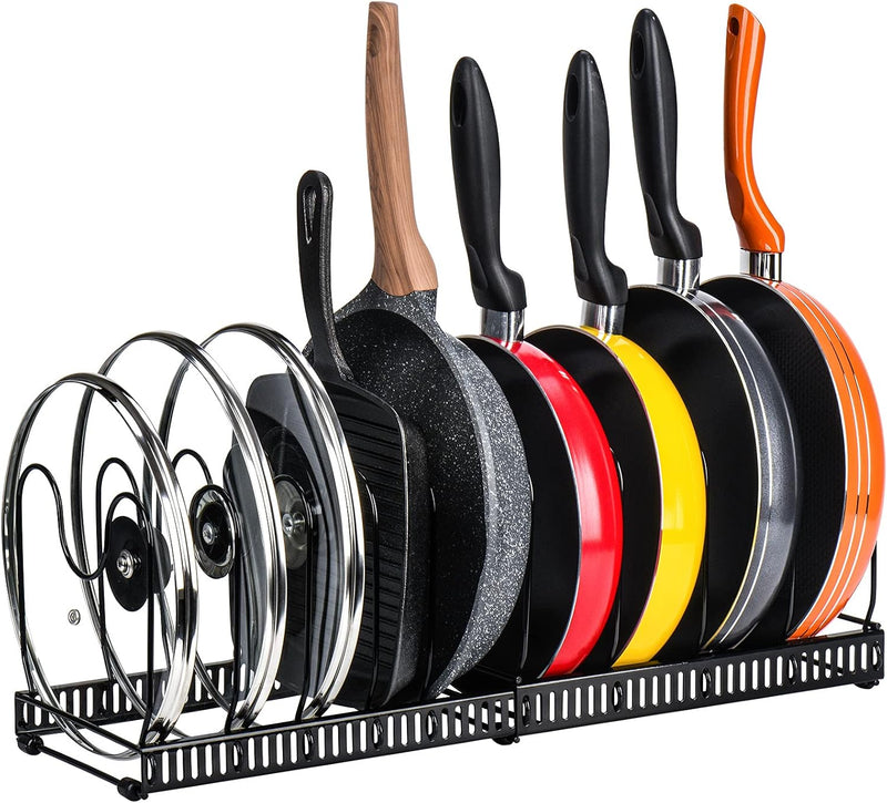Toplife Pot Lids Organizer Rack for Cabinet and Countertop, 7+ Pan Lids and Bakeware Organizer Rack Holder with 7 Adjustable Compartments - Black