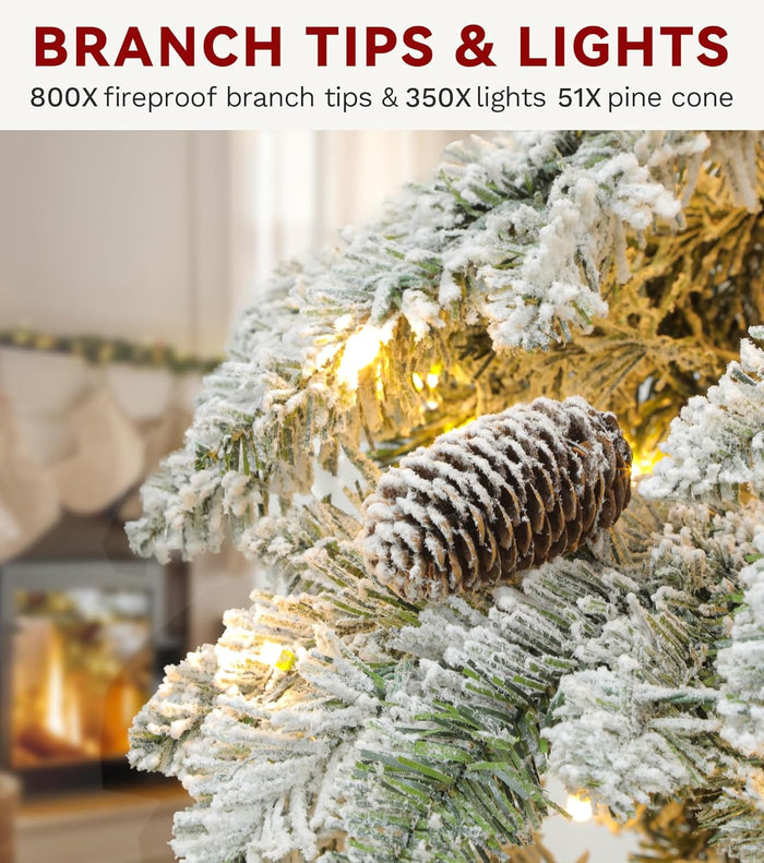 DWVO Pre-Lit Flocked Slender Spruce Artificial Christmas Tree Adorned with 51 Pine Cones, 7.5 FT Authentic Layered Christmas Tree with 350 Lights & 800 Branch Tips for Home Party with Remote Control