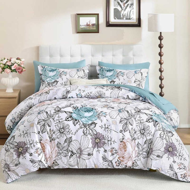 Luxudecor Queen Comforter Set 7 Pieces Bedding Sets,Gray Floral Comforter and Sheet Set,Soft Microfiber Bed in a Bag for All Seasons (Gray,90"x90")