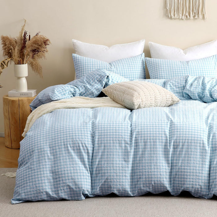 TOCOMOA Tan Gingham Duvet Cover Bedding Set 100% Washed Cotton Like Linen Feel Super Soft Comfy 3 Piece Brown Vintage Plaid Checkered Fall Comforter Cover Set (Queen 90"x90", Comforter Not Included)