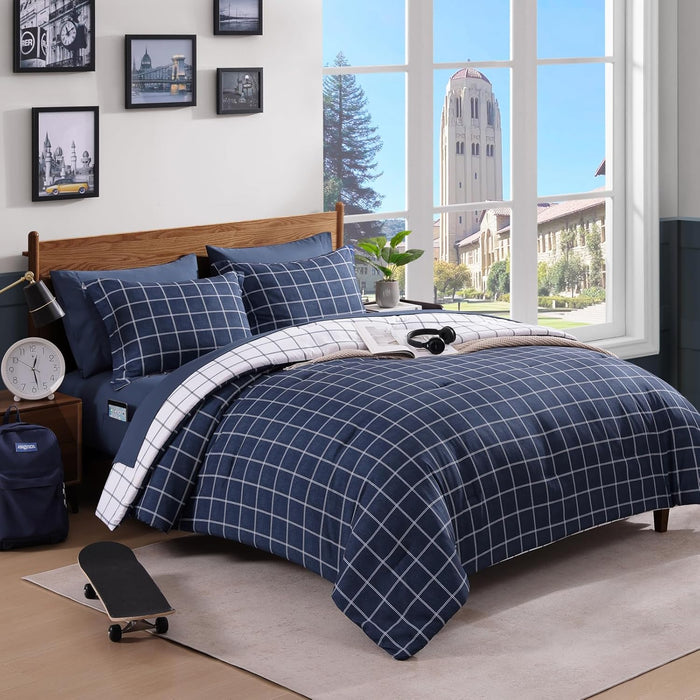Full Size Comforter Sets, Khaki Green Plaid Bedding Set 7 Piece for Boys Girls Teen, Classic Homestead-Style Kids Comforter Set Bed in A Bag with Sheets, Pillowcases & Shams