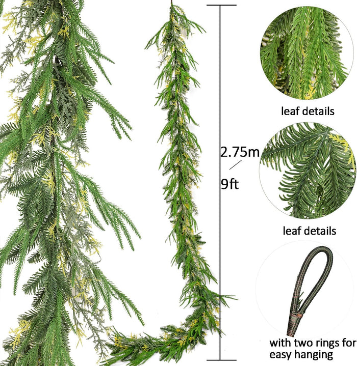 9ft Handmade Christmas Garland,Artificial Cypress Cedar Pine Needles Greenery Seasonal Garland for Christmas Fireplace Winter Holiday Indoor Outdoor Decoration