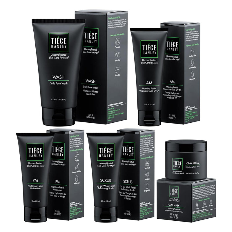Tiege Hanley Skin Care Set for Men, Anti Aging Routine, System Level 3, Daily Face Wash, Facial Scrub, Two Moisturizers, Eye Cream, and Serum for Healthy, Hydrated Skin, Men’s Skin Care, 6 Piece Kit