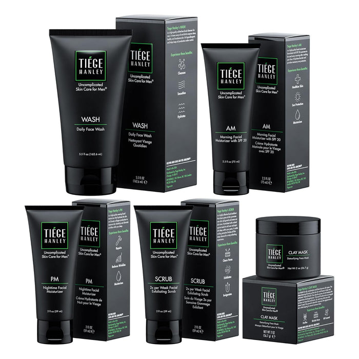 Tiege Hanley Skin Care Set for Men, Anti Aging Routine, System Level 3, Daily Face Wash, Facial Scrub, Two Moisturizers, Eye Cream, and Serum for Healthy, Hydrated Skin, Men’s Skin Care, 6 Piece Kit