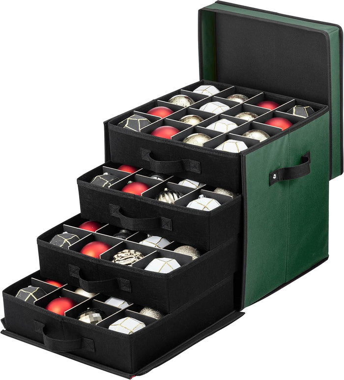 ZOBER Christmas Ornament Storage Box - Stores 128 3" Ornaments with Drawer Style Trays - Tear Proof 600D Oxford Fabric - Ornament Organizer Storage Box, Durable Christmas Containers Holder - Red