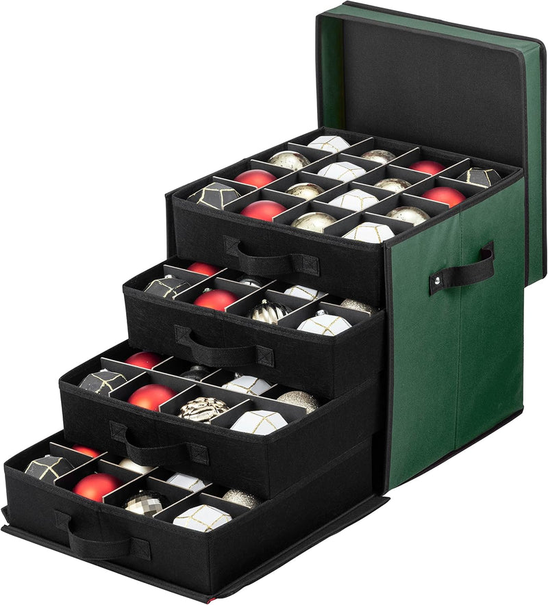 ZOBER Christmas Ornament Storage Box - Stores 128 3" Ornaments with Drawer Style Trays - Tear Proof 600D Oxford Fabric - Ornament Organizer Storage Box, Durable Christmas Containers Holder - Red