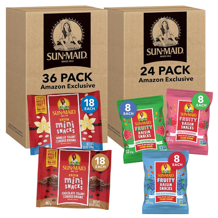 Sun-Maid Vanilla & Chocolate Yogurt Coated Raisins Variety Pack - (36 Pack) 0.5 oz Mini Snack-Size Bag - Yogurt Covered Dried Fruit for Lunches and Back to School Snacks (Amazon Exclusive)