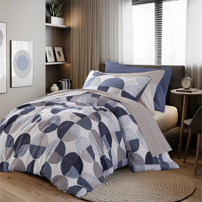 Stylish Three-Tone Printed Full Size Comforter Set, Bed in a Bag 9-Piece Bedding Set, Ultra-Soft Microfiber Comforter and Sheets Set, Warm and Cozy for All Seasons, Navy Blue & Grey