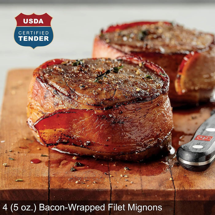 Omaha Steaks Deluxe Gift Package (4 Bacon-Wrapped Filet Mignons, 4 Steak Burgers, 4 Gourmet Jumbo Franks, 4 Au Gratin Potatoes, 4 Caramel Apple Tartlets, 1 jar Omaha Steaks Seasoning)