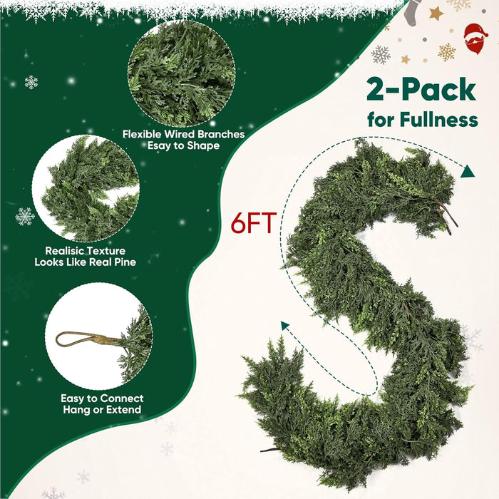 2 Pcs 6ft Christmas Garlands Cypress Garland, 160 Branches Real Touch Artificial Faux Greenery Garland for Mantle, Table, Wall, Indoor, Outdoor Christmas Decorations