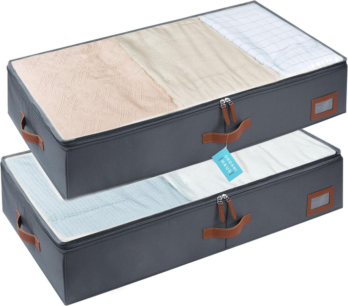 OrganiHaus Under Bed Storage Containers, Bedroom Storage and Organization Bins, Clothes Organizer for Closet with Clear Cover and Reinforced Handles - Set of 2 33x17x6 inches White Striped