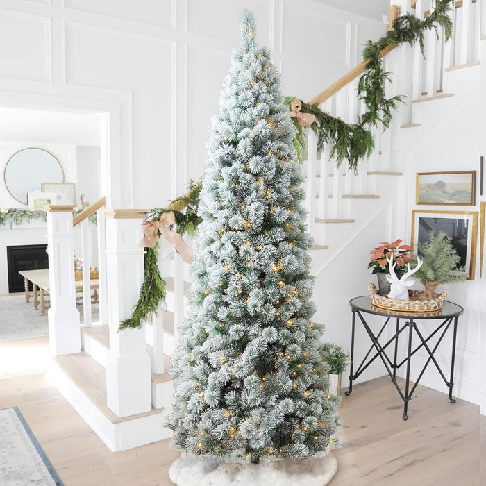 Glitzhome 7.5ft Pre-Lit Green Fir Christmas Tree, Cascade Evergreen Slim Artificial Holiday Christmas Tree with with 350 Strawberry Lights,9 Functional Warm White/Multi-Color, Remote Controller
