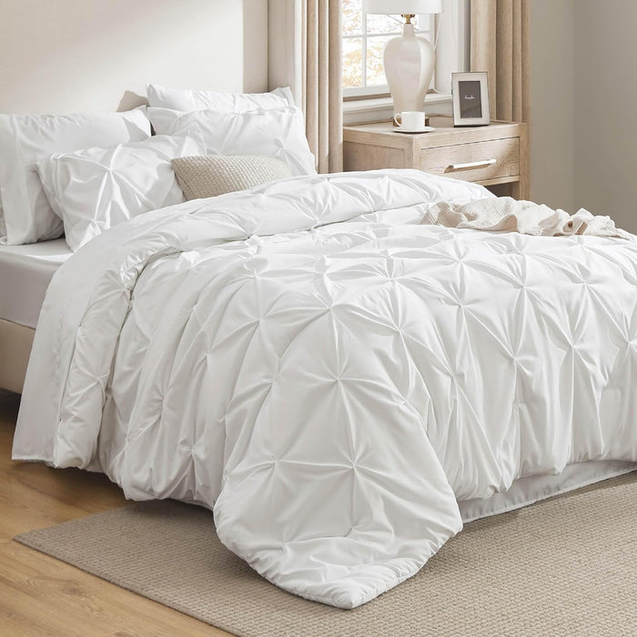 Bedsure Queen Comforter Set Beige - Bed in a Bag Queen Size Bedding 7 Pieces, GentleSoft™ Pintuck Bed Set Gift for Family, Pinch Pleat All Season Comforter with Sheets, Pillowcases & Shams
