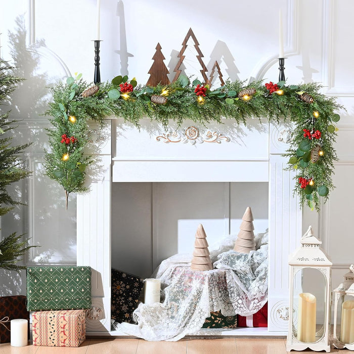 Waipfaru Christmas Decorations, 5.9FT Christmas Garland with Lights, Prelit Lighted Christmas Greenery Cedar Garland Cypress for Home Table Mantel Stair Railing Indoor Outdoor Xmas Decor