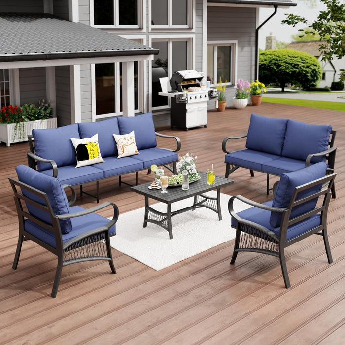 5 Piece Patio Furniture Set, Outdoor All Weather Conversation Sofa Set with 2 Swivel Chairs, Rope Braided Design and Thick Cushions for Garden, Porch, Lawn, Beige